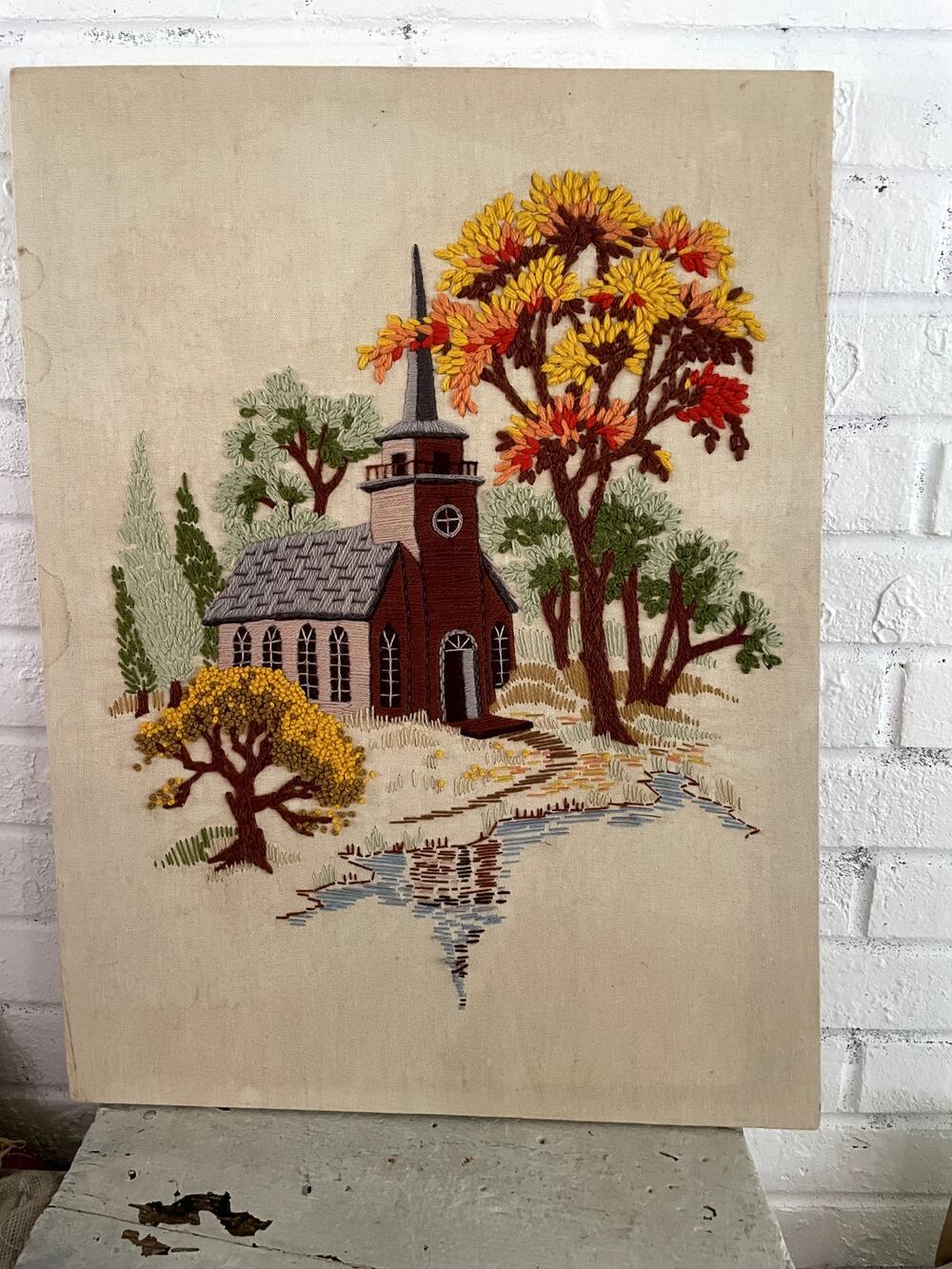 Vintage 1979 Handcrafted Crewel Embroidery on Linen Canvas